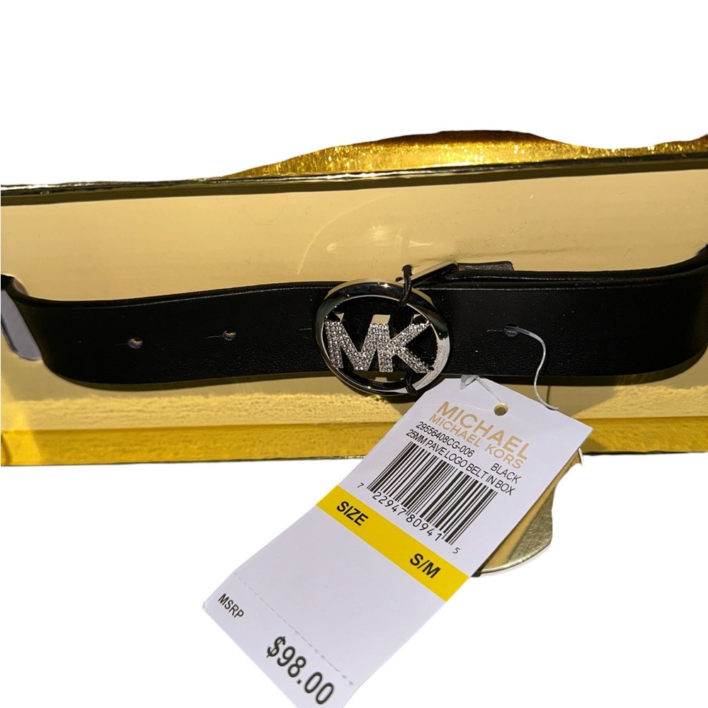 NIB Michael Kors BLACK  25MM REVERSIBLE Pave Logo Belt In Box SZ S/M BLING LOGO - Picture 2 of 4